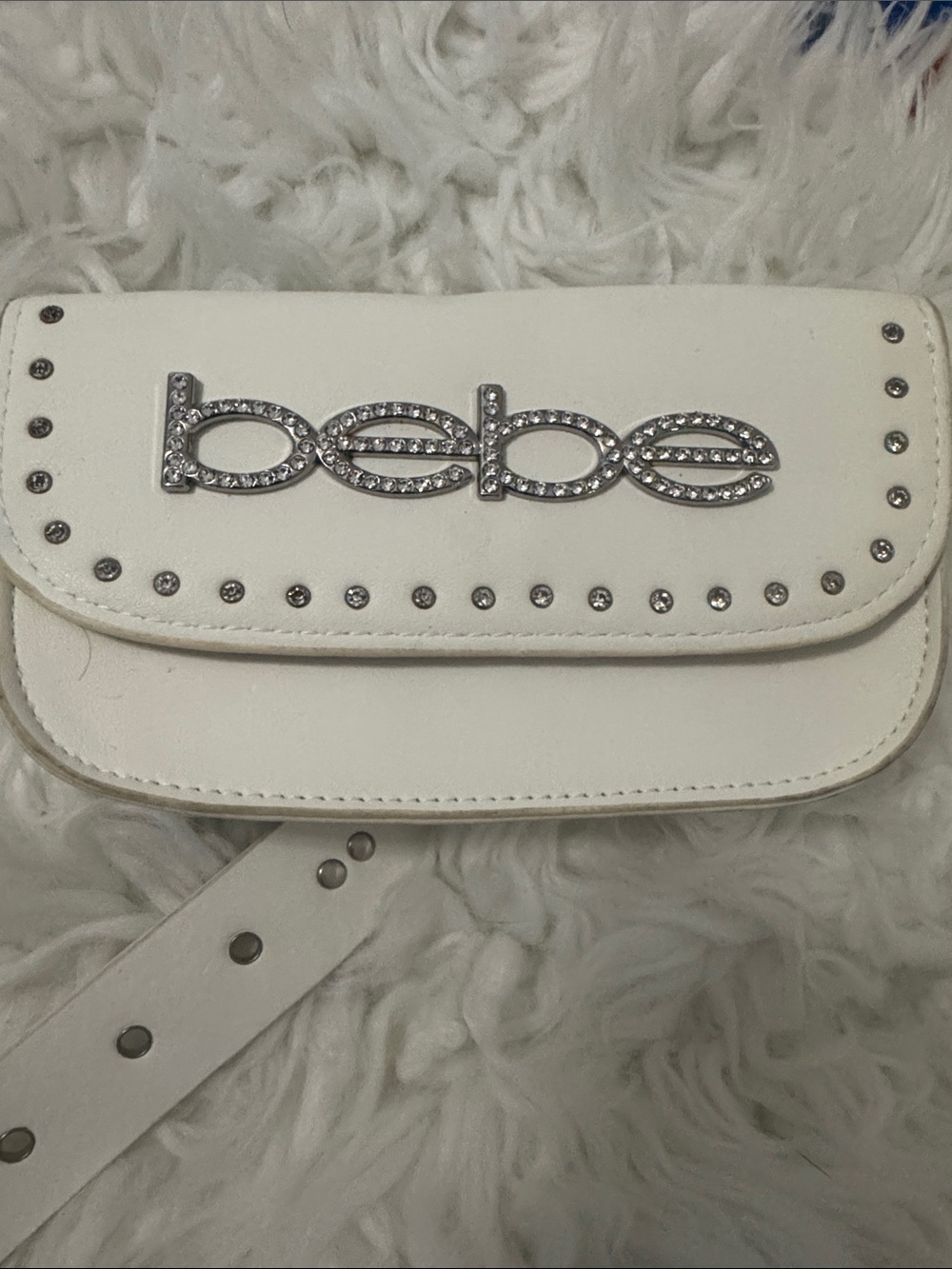 BEBE White Studded Rhinestone Bling Logo Belt Bag